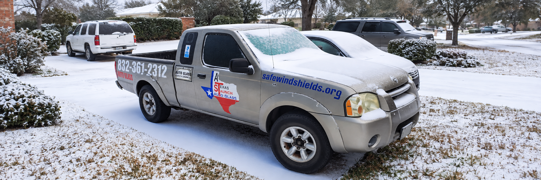 A Texas Staunch Auto Glass mobile service truck in a Houston winter setting